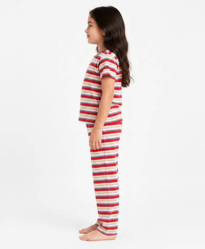 Red Grey Pink Yellow Stripe Short Sleeve Pyjama Set - Pink