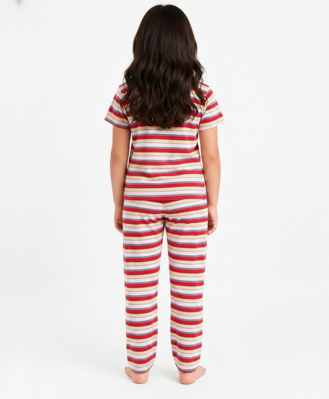 Red Grey Pink Yellow Stripe Short Sleeve Pyjama Set - Pink
