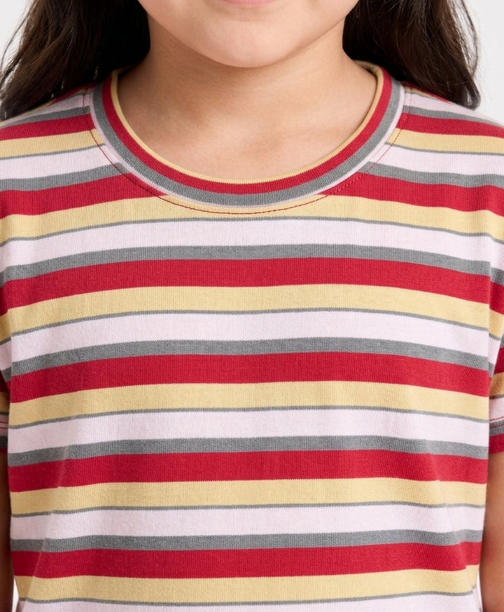 Red Grey Pink Yellow Stripe Short Sleeve Pyjama Set - Pink