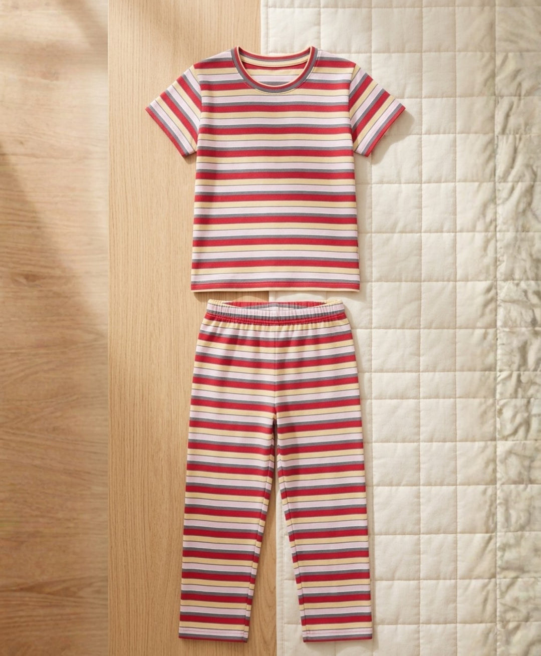 Red Grey Pink Yellow Stripe Short Sleeve Pyjama Set - Pink