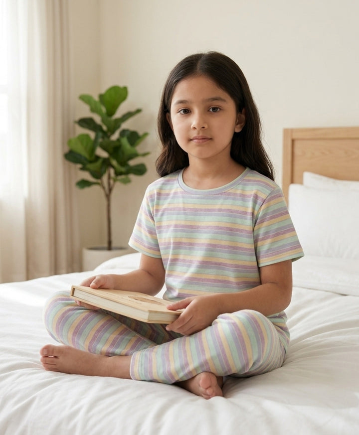 Purple Sky Aqua Yellow Short Sleeve Pyjama Set -Sky
