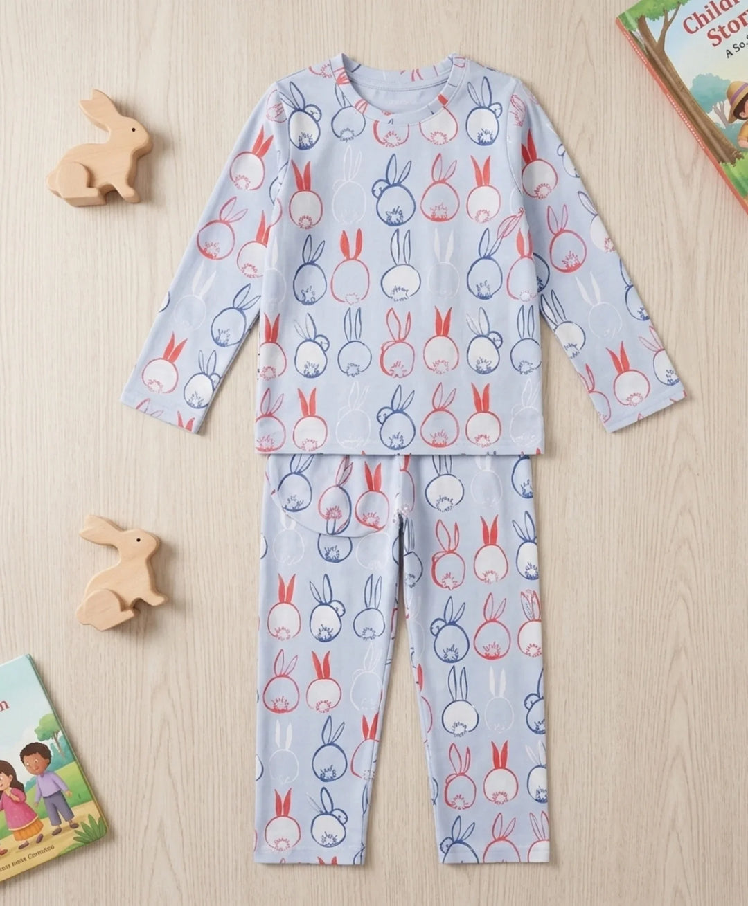Rabbit Print Girls Long Sleeve Pyjama Set - Blue