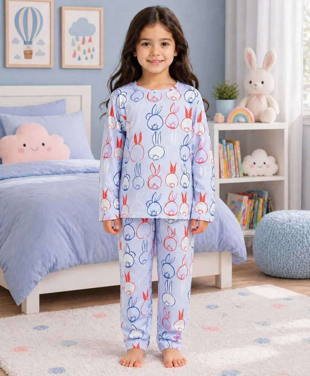 Rabbit Print Girls Long Sleeve Pyjama Set - Blue