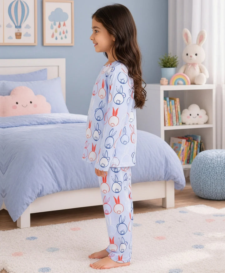 Rabbit Print Girls Long Sleeve Pyjama Set - Blue