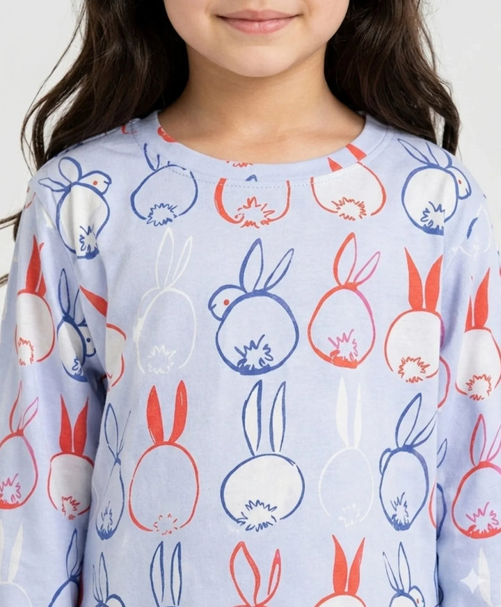 Rabbit Print Girls Long Sleeve Pyjama Set - Blue