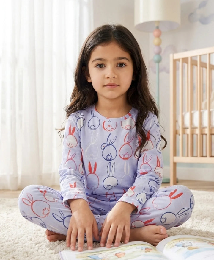 Rabbit Print Girls Long Sleeve Pyjama Set - Blue