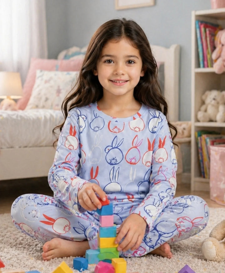 Rabbit Print Boys Long Sleeve Pyjama Set - Blue