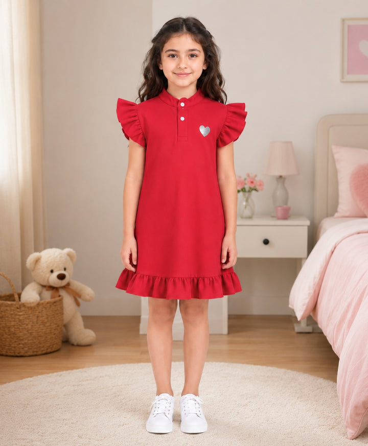 Red Silver Heart Pique Dress - Red