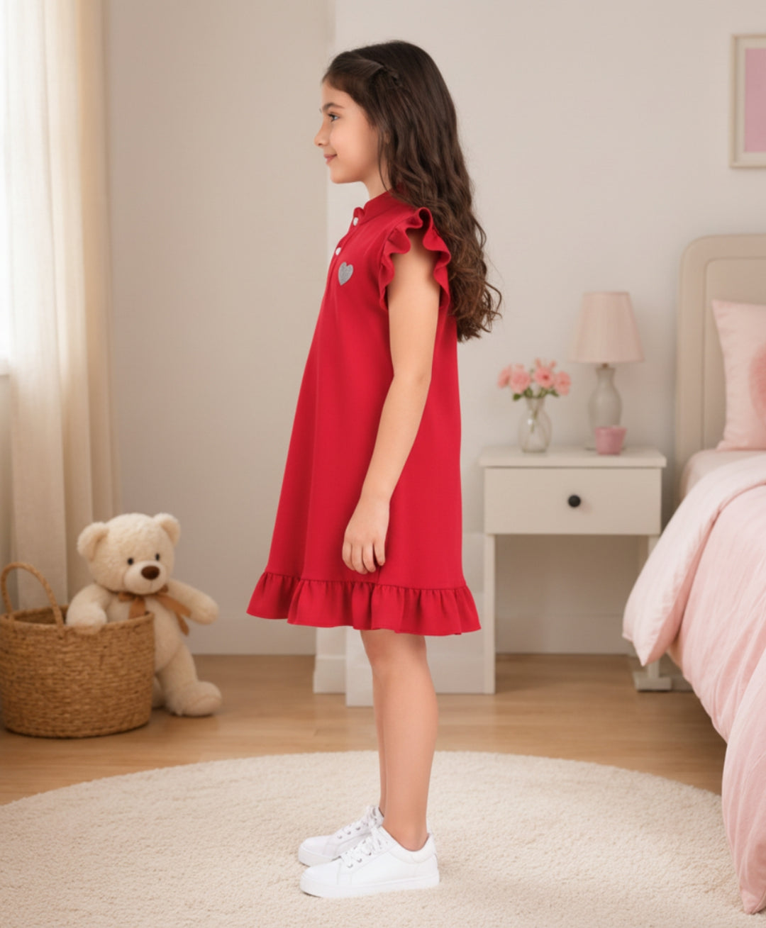 Red Silver Heart Pique Dress - Red