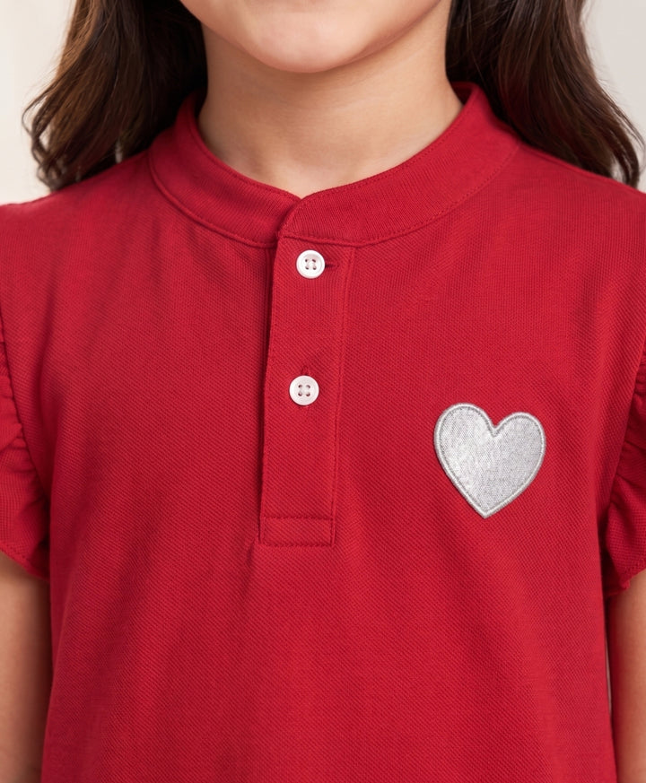 Red Silver Heart Pique Dress - Red