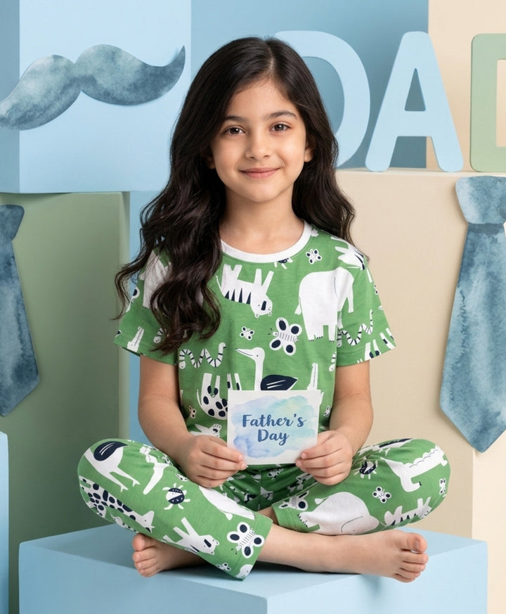 Animal Green Girls Short Sleeve Pyjama Set - Green