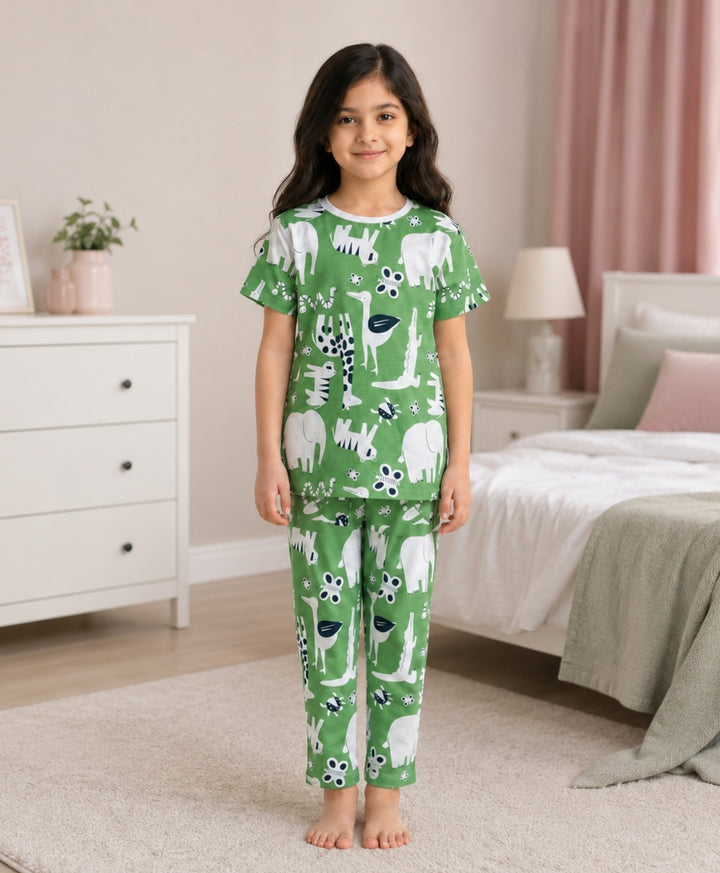 Animal Green Girls Short Sleeve Pyjama Set - Green