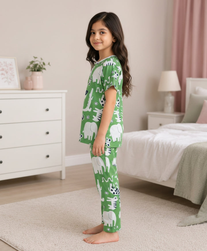 Animal Green Girls Short Sleeve Pyjama Set - Green