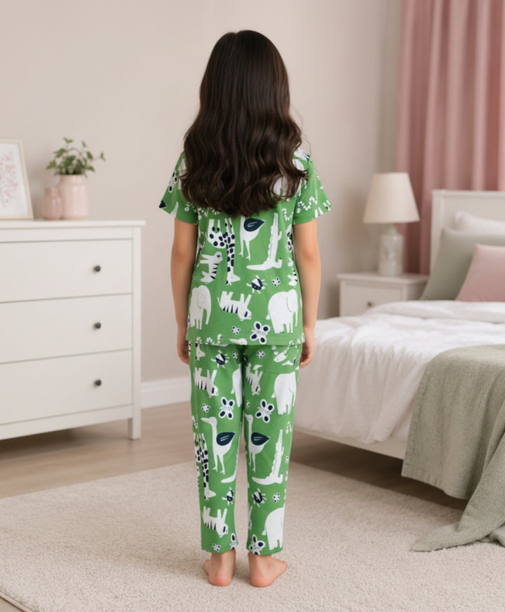 Animal Green Girls Short Sleeve Pyjama Set - Green