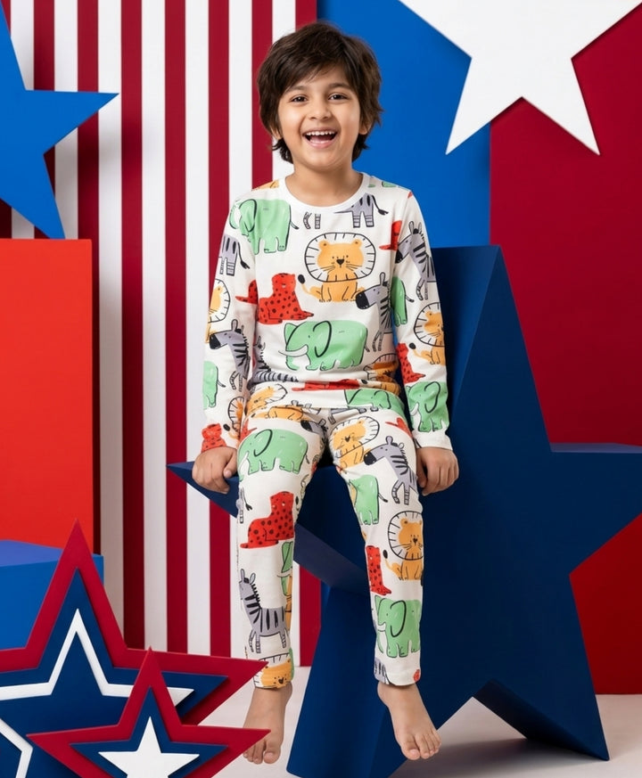 Jungle Safari long Sleeve Pyjama Set - White