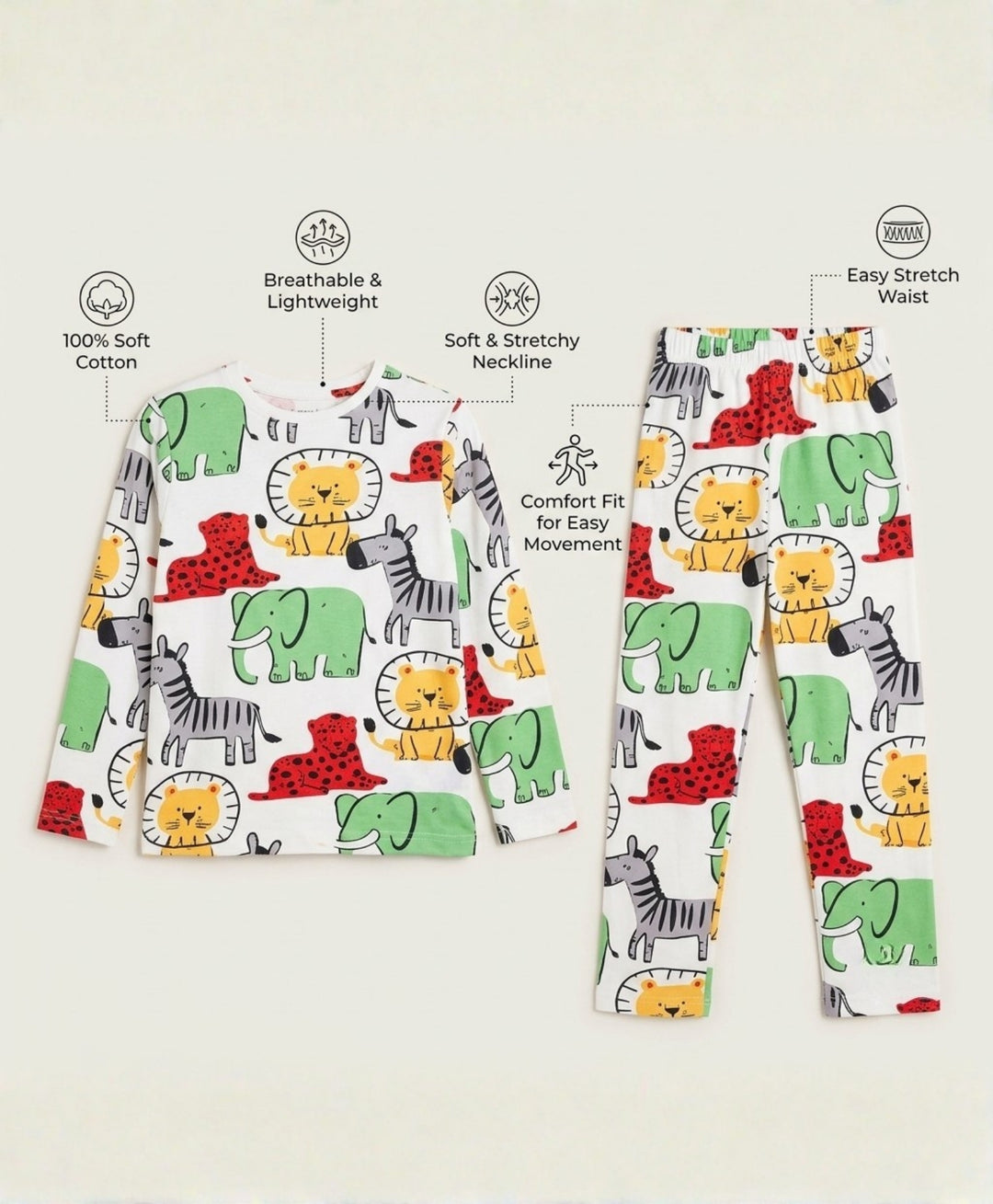 Jungle Safari long Sleeve Pyjama Set - White