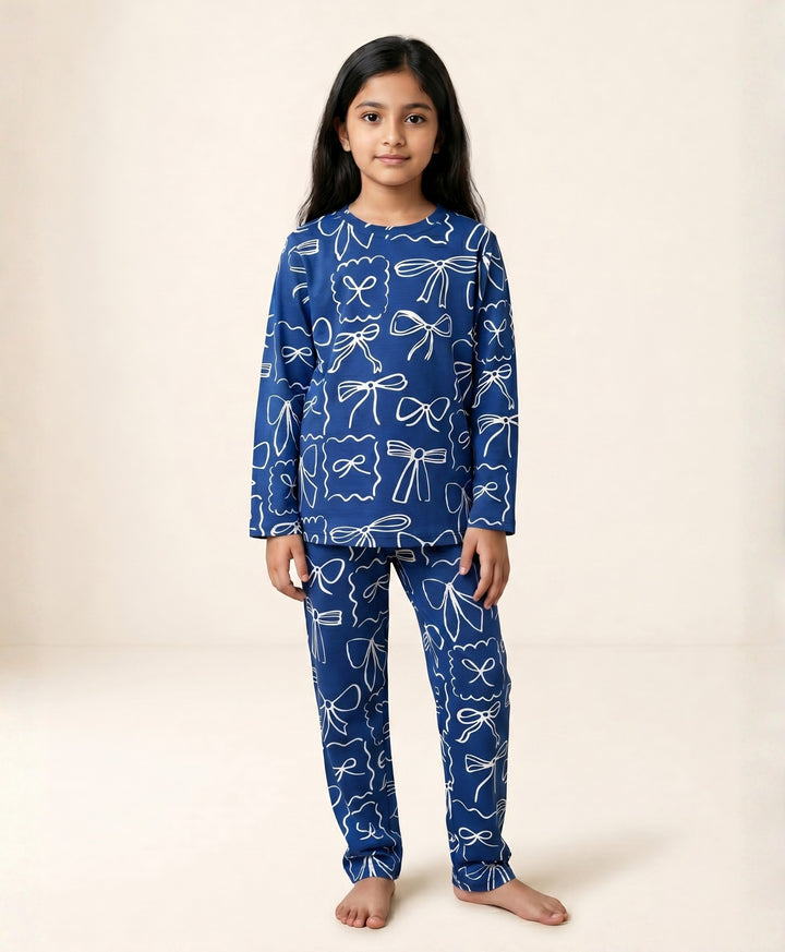 Blue Bow long sleeve pyjama set  -  Blue