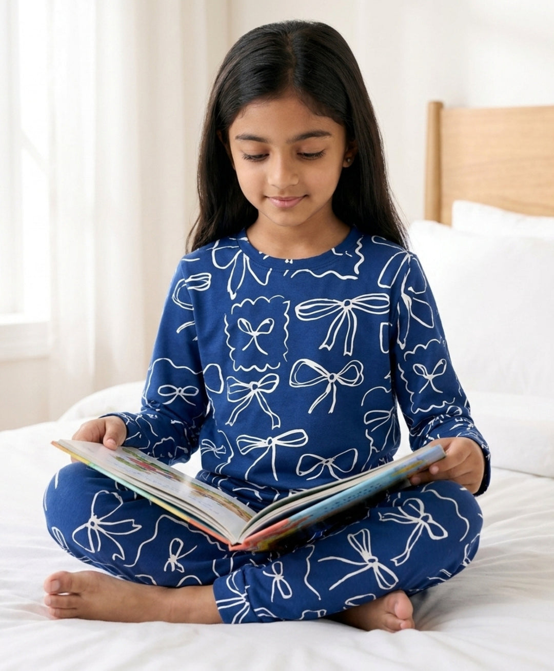 Blue Bow long sleeve pyjama set  -  Blue