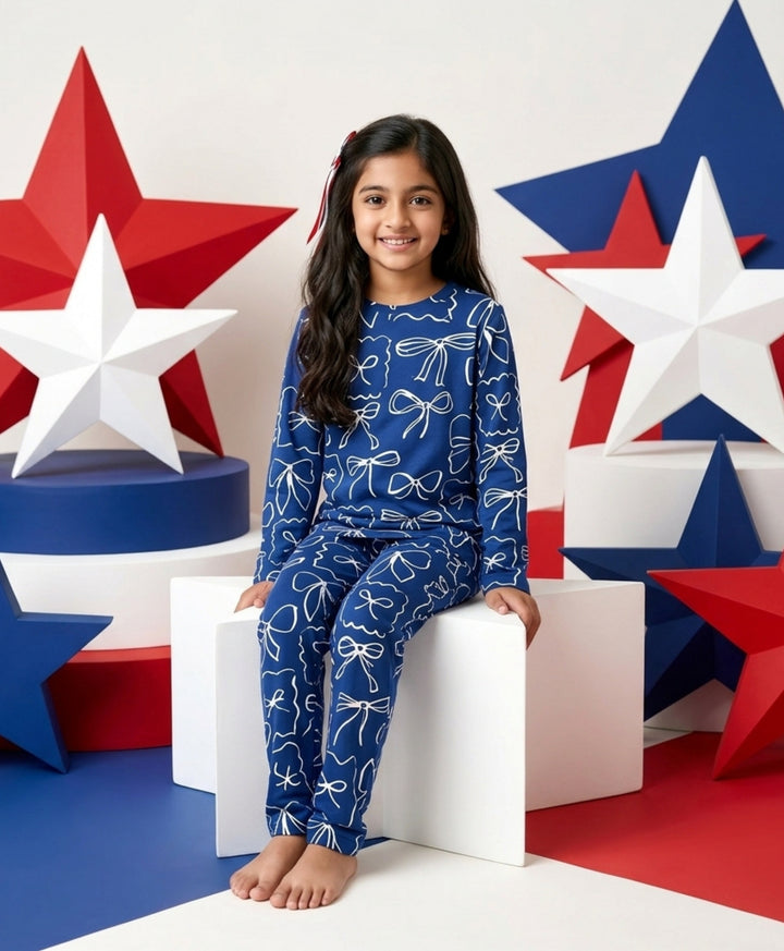Blue Bow long sleeve pyjama set  -  Blue