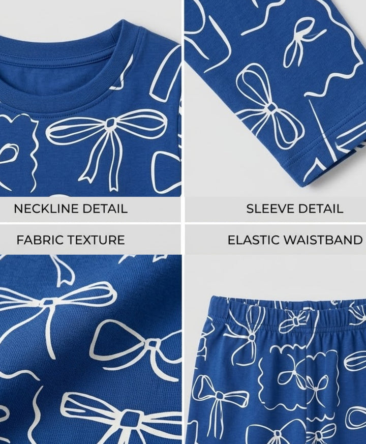 Blue Bow long sleeve pyjama set  -  Blue