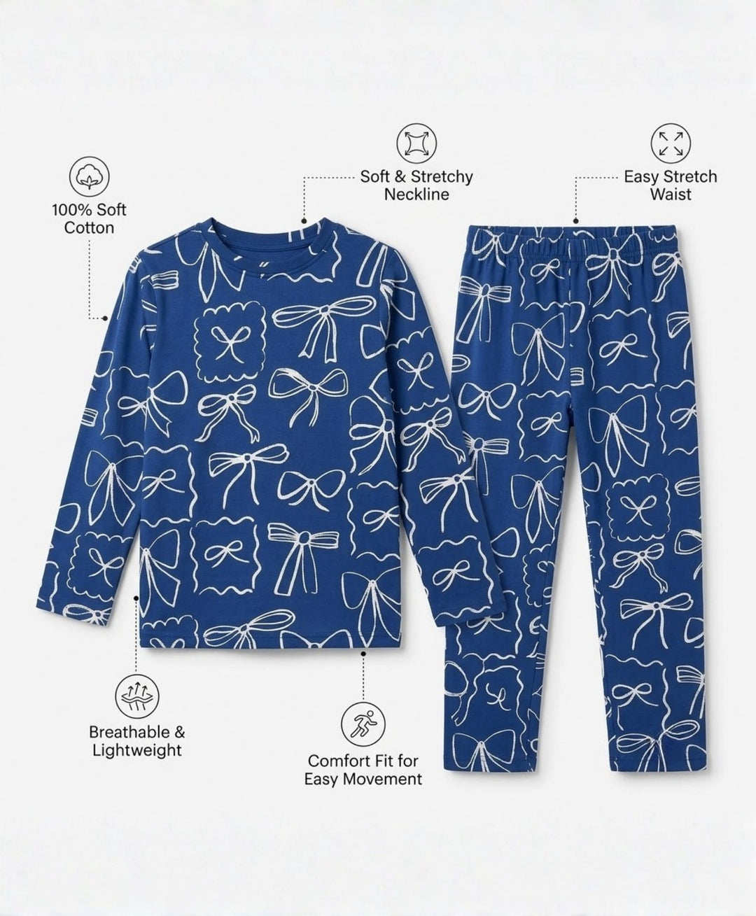 Blue Bow long sleeve pyjama set  -  Blue