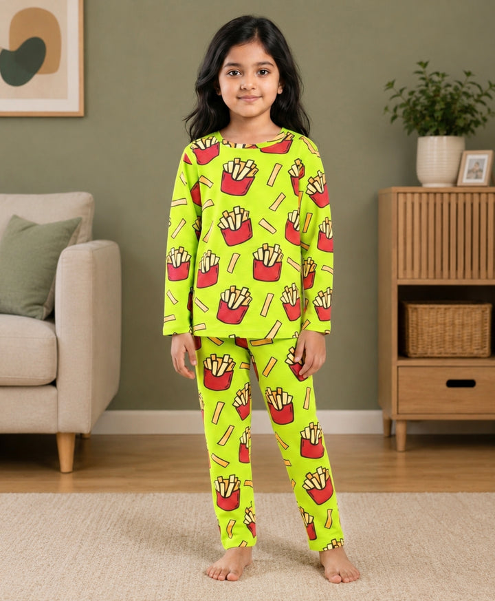 Fries Green Girls Long Sleeve Pyjama Set  - Lime Green