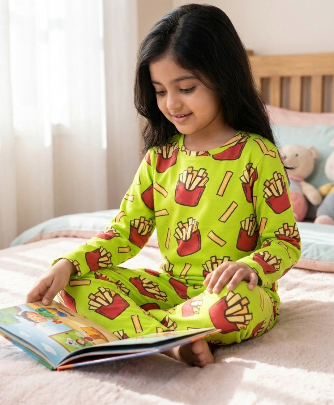 Fries Green Girls Long Sleeve Pyjama Set  - Lime Green