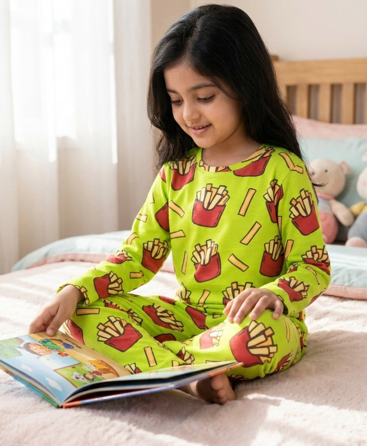 Fries Green Girls Long Sleeve Pyjama Set  - Lime Green