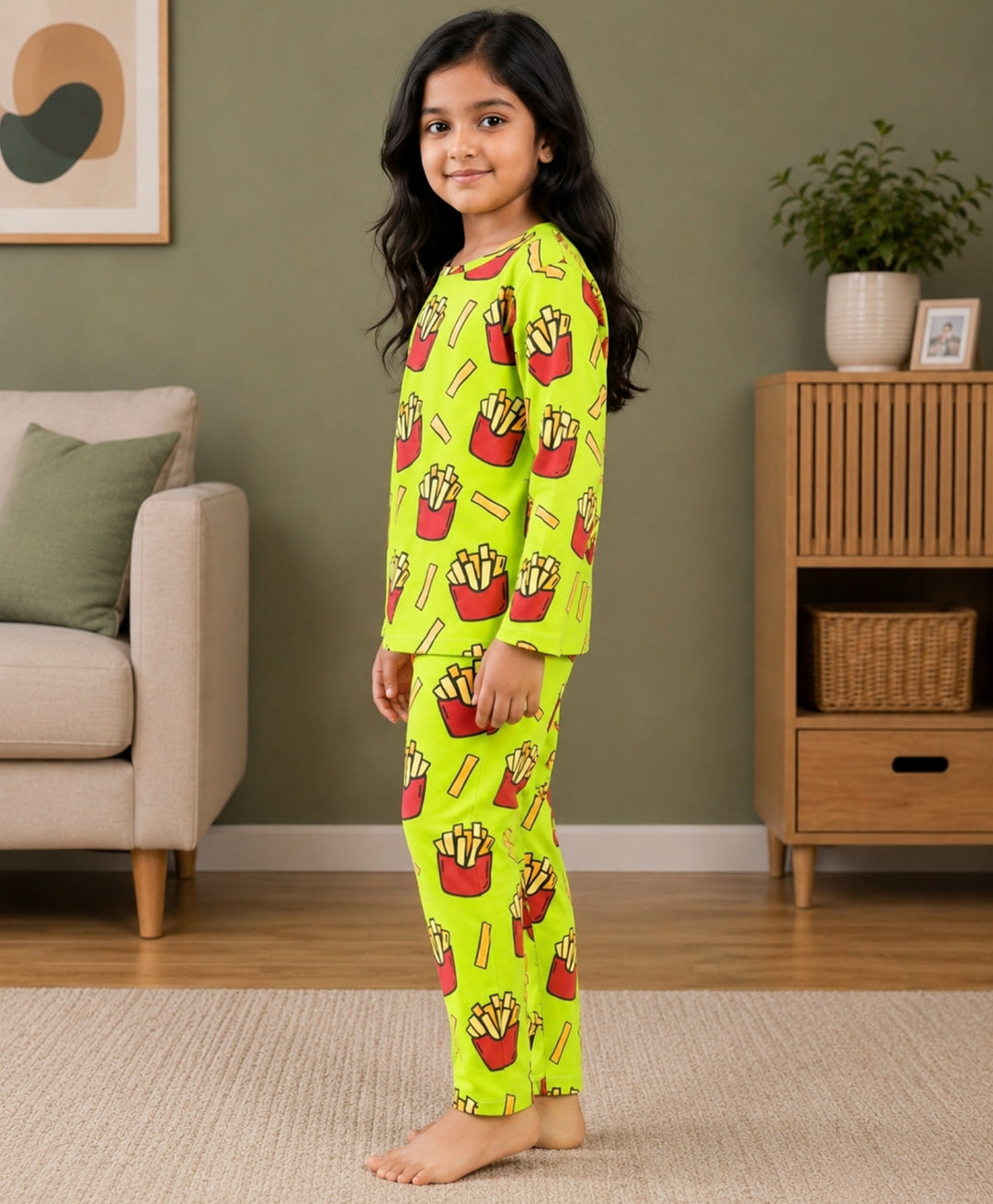 Fries Green Girls Long Sleeve Pyjama Set  - Lime Green