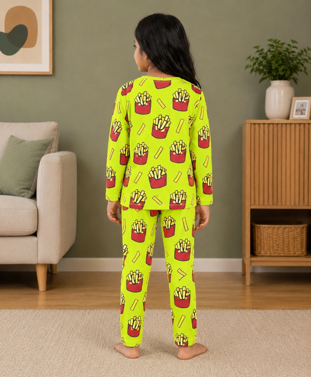Fries Green Girls Long Sleeve Pyjama Set  - Lime Green