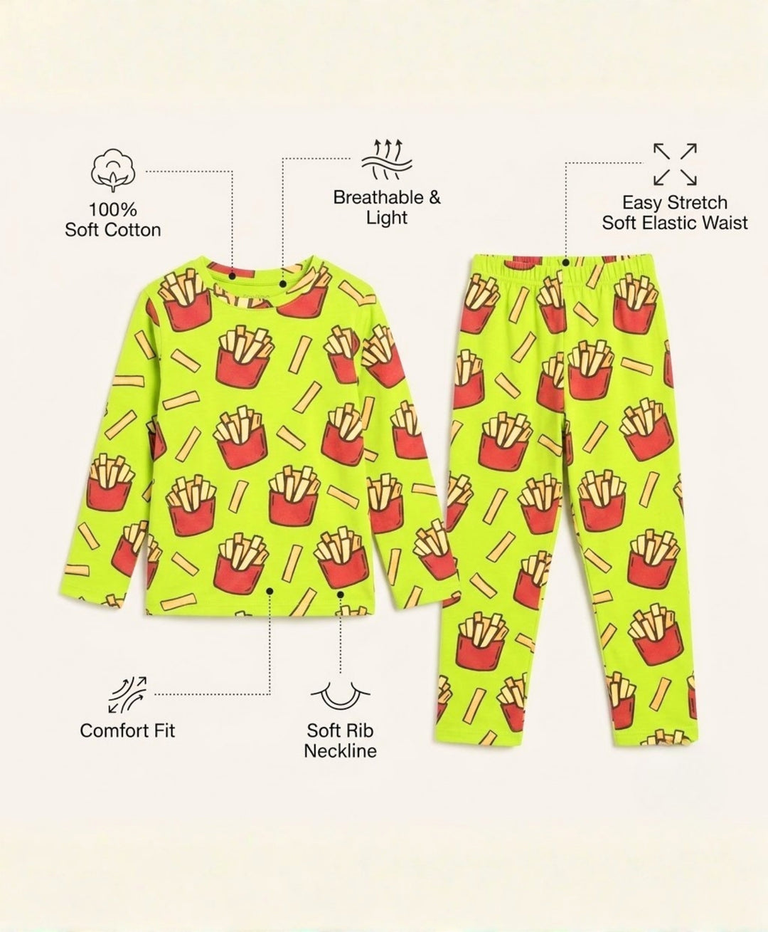 Fries Green Girls Long Sleeve Pyjama Set  - Lime Green