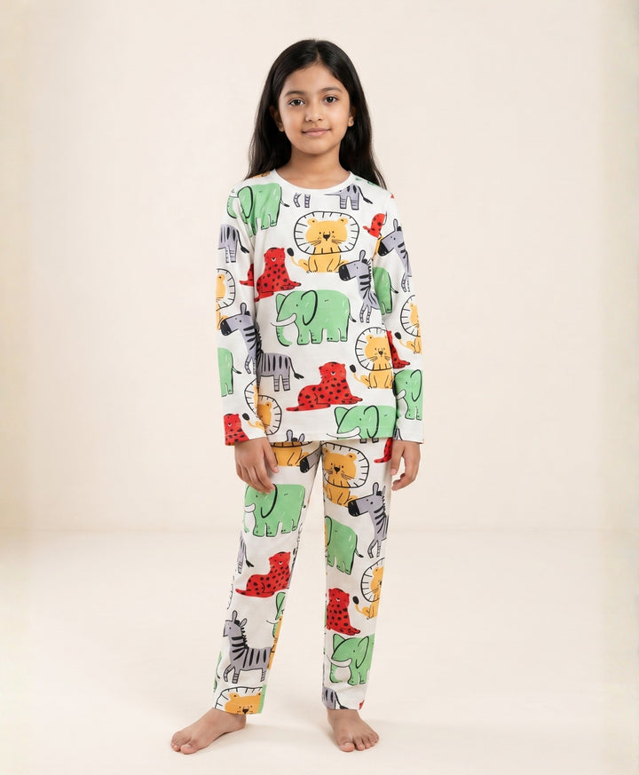 Jungle Safari Girls long Sleeve Pyjama Set - White