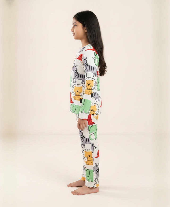 Jungle Safari Girls long Sleeve Pyjama Set - White
