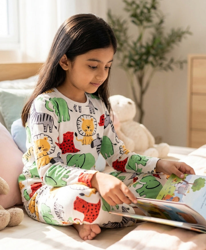 Jungle Safari Girls long Sleeve Pyjama Set - White