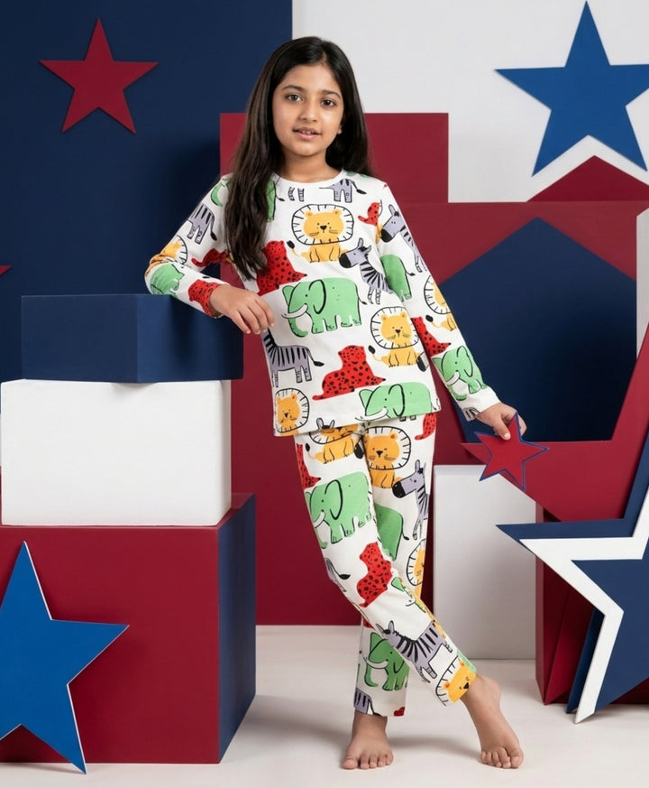 Jungle Safari Girls long Sleeve Pyjama Set - White