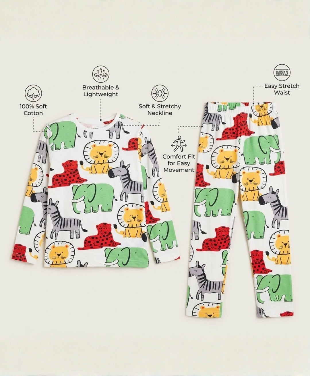Jungle Safari Girls long Sleeve Pyjama Set - White