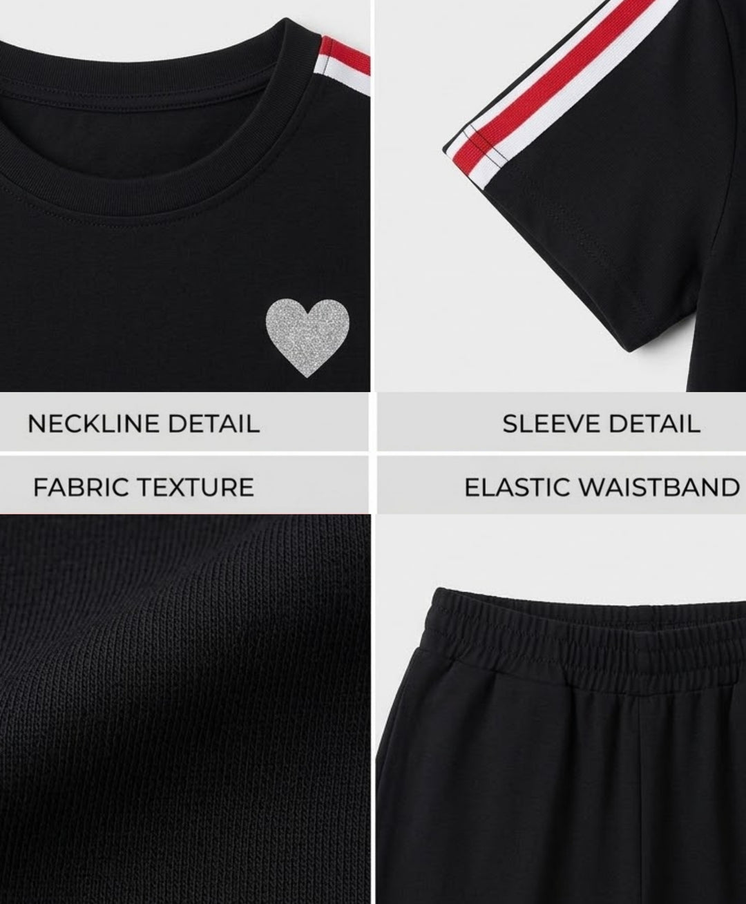 COOL BLACK SUMMER HEART OVERSIZED T-SHIRT JOGGER SET - BLACK