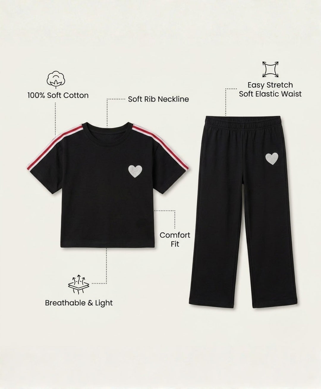 COOL BLACK SUMMER HEART OVERSIZED T-SHIRT JOGGER SET - BLACK