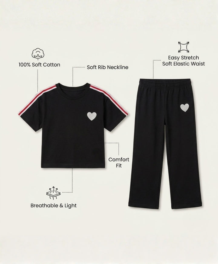 COOL BLACK SUMMER HEART OVERSIZED T-SHIRT JOGGER SET - BLACK