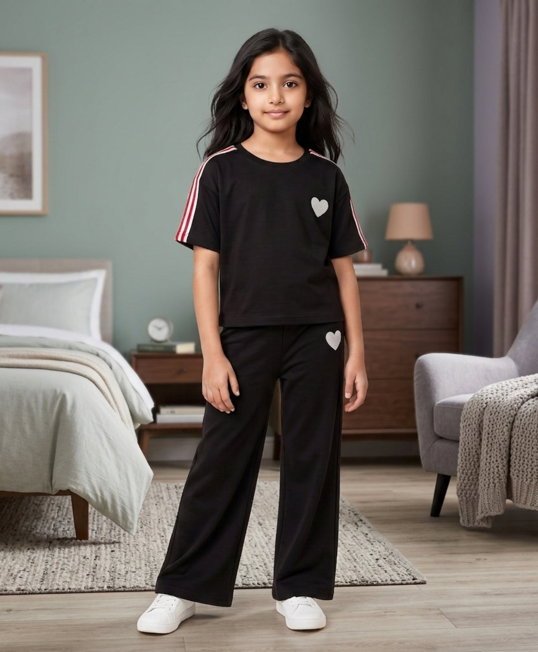 COOL BLACK SUMMER HEART OVERSIZED T-SHIRT JOGGER SET - BLACK