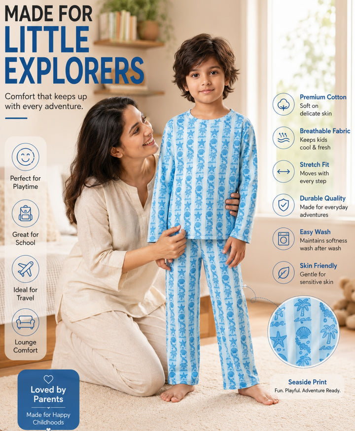 Beach Day Stripe Long Sleeve Pyjama Set  - Sky