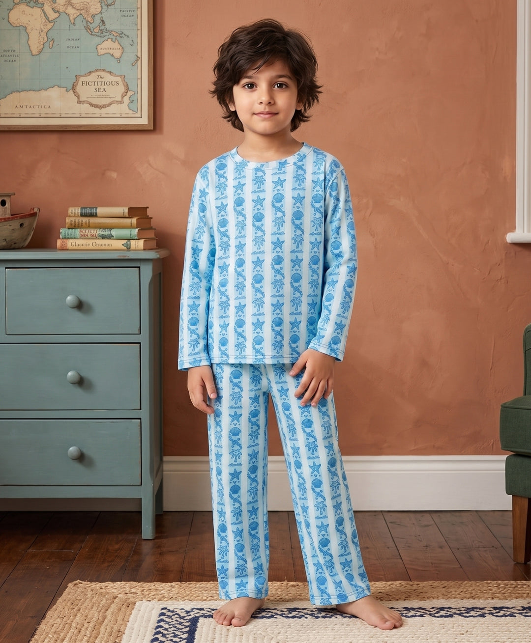 Beach Day Stripe Long Sleeve Pyjama Set  - Sky