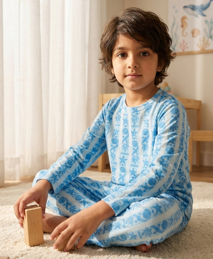 Beach Day Stripe Long Sleeve Pyjama Set  - Sky