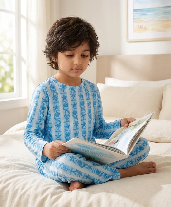 Beach Day Stripe Long Sleeve Pyjama Set  - Sky