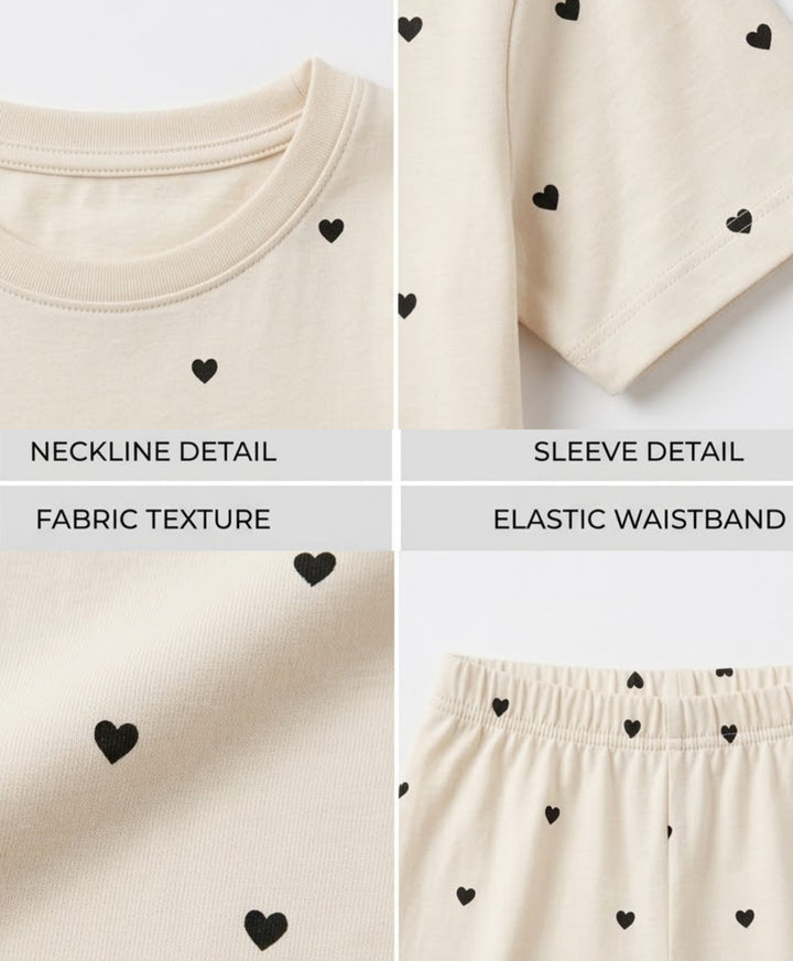 Love Heart Print Girls Long Sleeve Pyjama Set -Off White