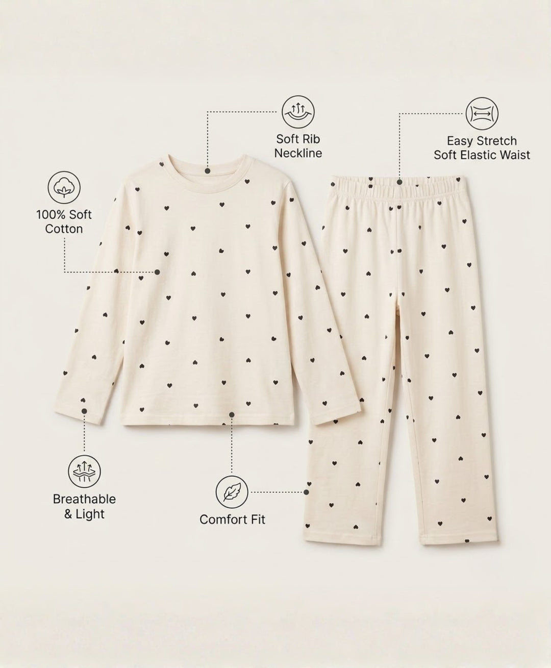 Love Heart Print Girls Long Sleeve Pyjama Set -Off White