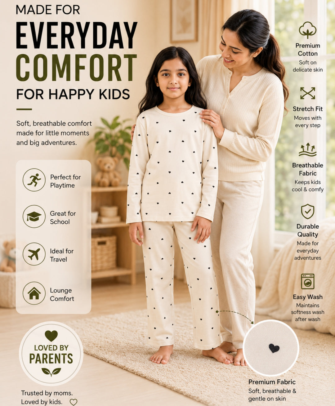 Love Heart Print Girls Long Sleeve Pyjama Set -Off White