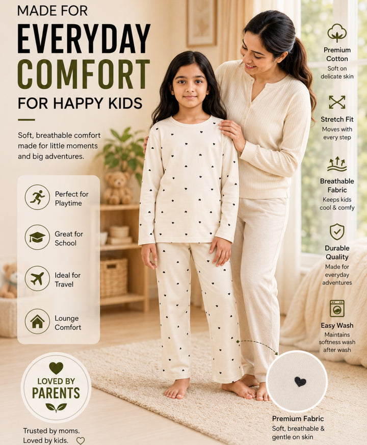 Love Heart Print Girls Long Sleeve Pyjama Set -Off White