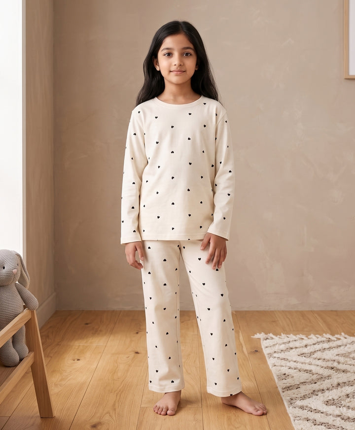 Love Heart Print Girls Long Sleeve Pyjama Set -Off White