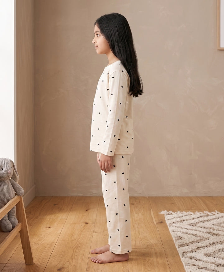 Love Heart Print Girls Long Sleeve Pyjama Set -Off White